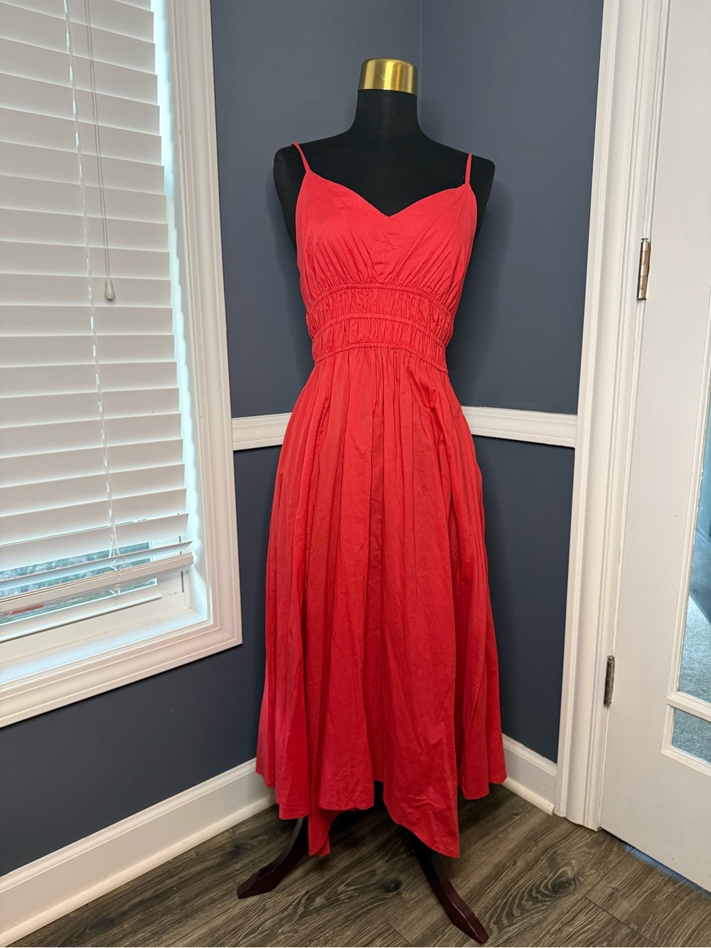 Dizzy Lizzy Womens Medium Red Midi Dress Smocked Cotton Spaghetti Strap M